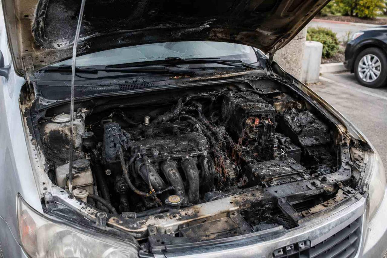 Burnt car engine bay after an engine or electrical fire