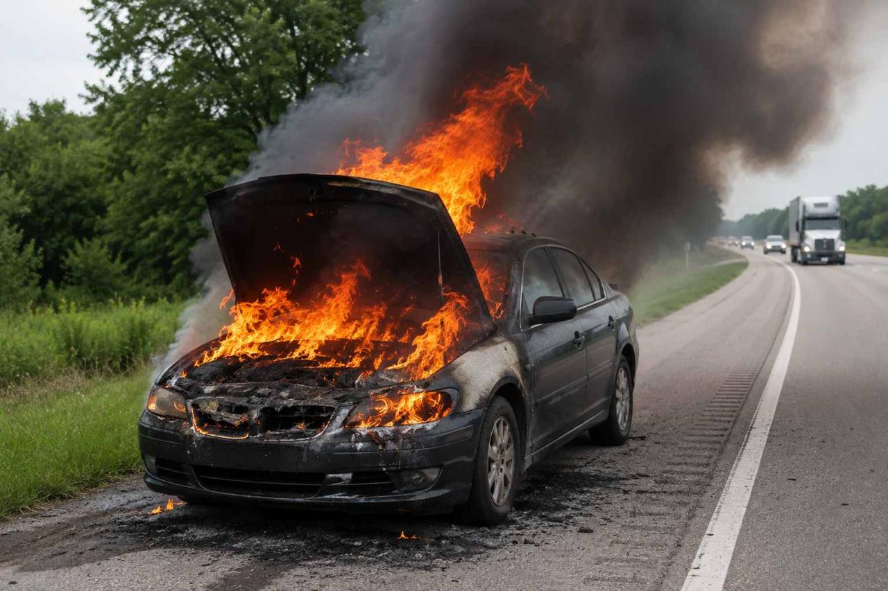 Car engulfed in flames on the side of a highway after a fire
