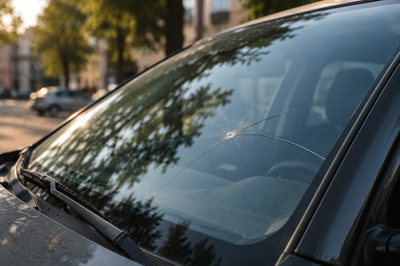 A large crack spreading across the windshield of a parked car