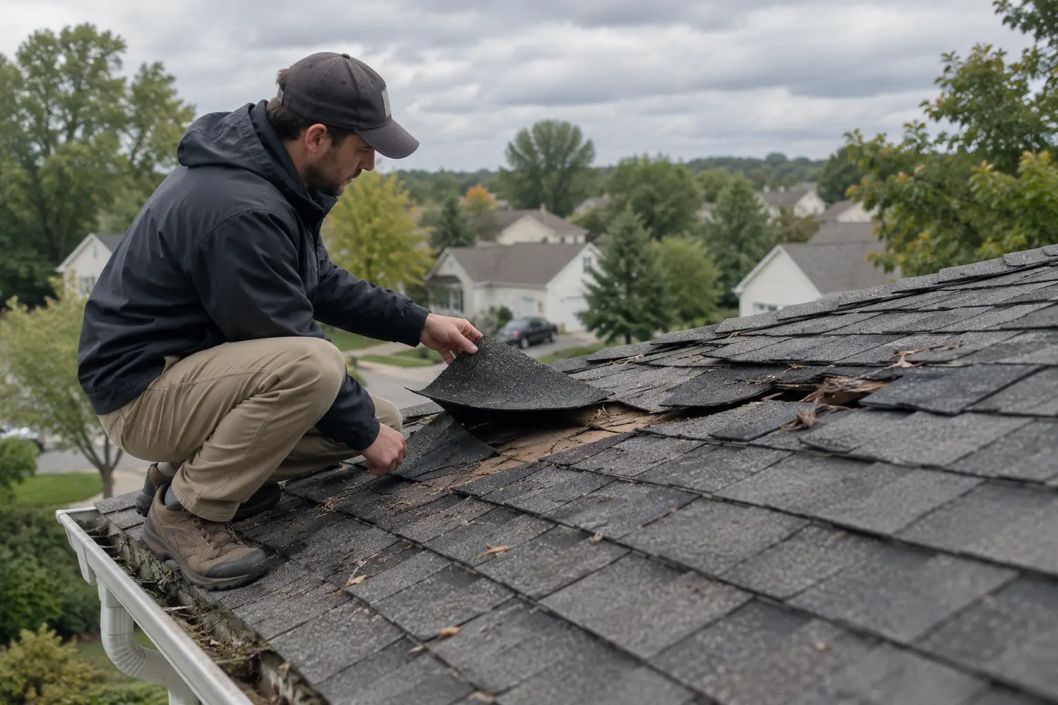 A roofer inspecting torn and missing shingles on a house roof