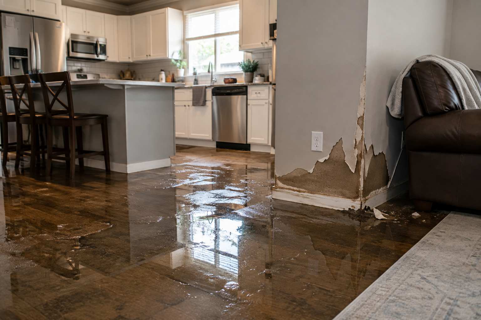 A sudden pipe leak causing water damage to floors, walls, and other property