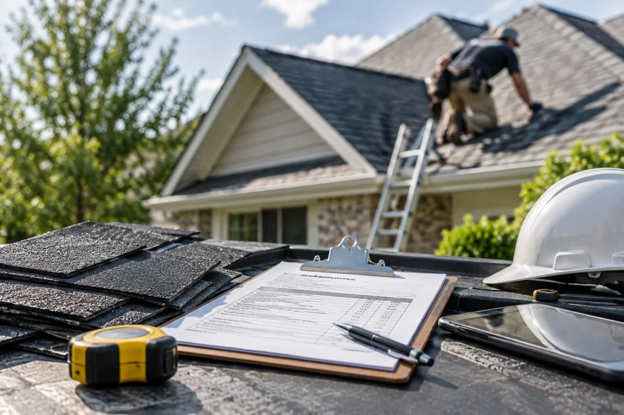 An inspection clipboard, hard hat, and roofing materials on a rooftop with a roofer working in the background