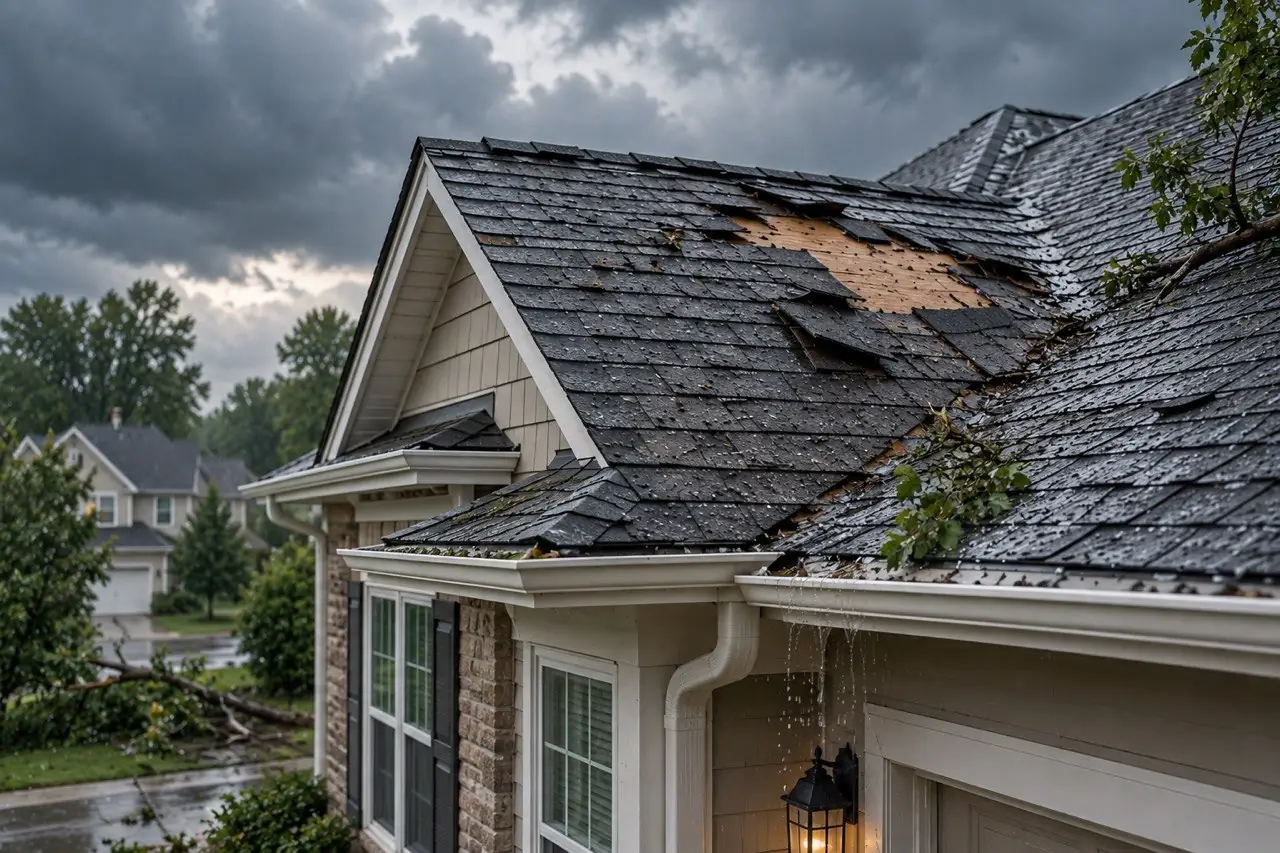 A storm-damaged roof with torn shingles and water dripping from the gutter