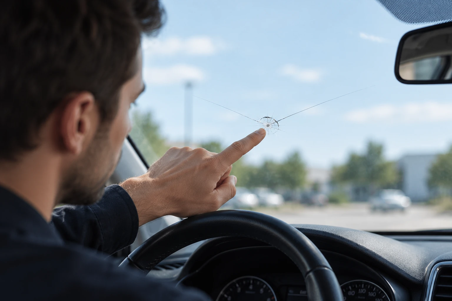 A driver pointing at a small star-shaped chip in the windshield