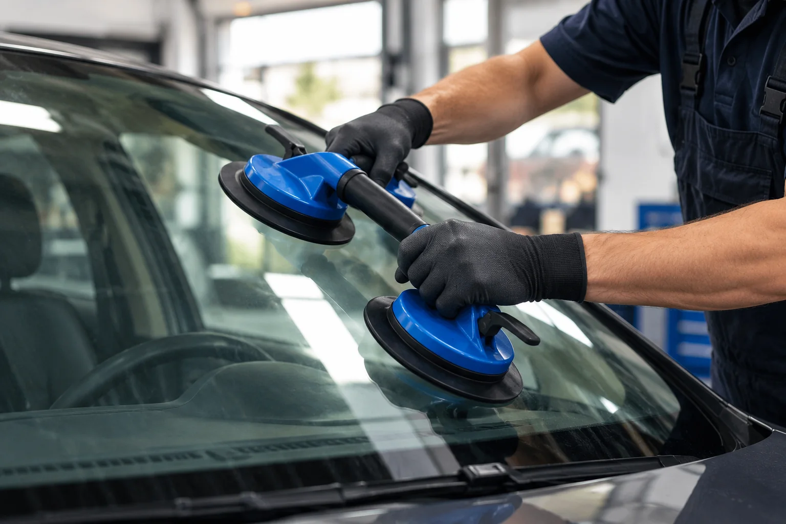 A technician using suction-cup tools to replace a car windshield